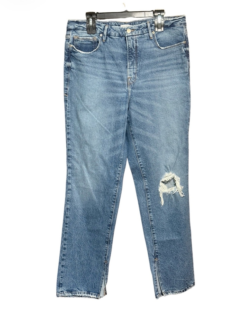 Good American Distressed Straight Leg Jeans Women’s Size 15 Raw Hem Side Slit - Picture 2 of 4